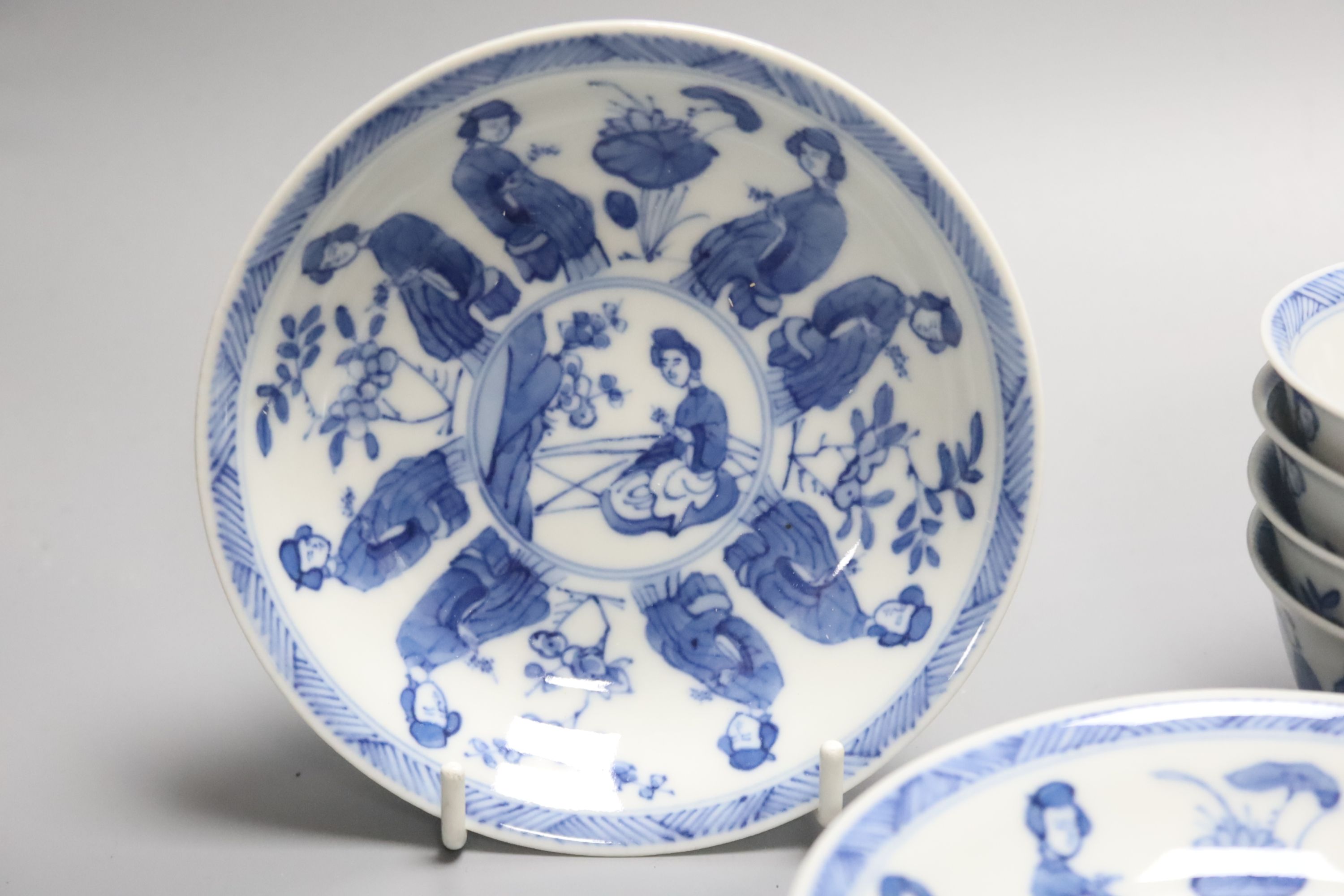 Six Chinese blue and white Horses tea bowls and saucers and four ladies tea bowls and saucers (20)